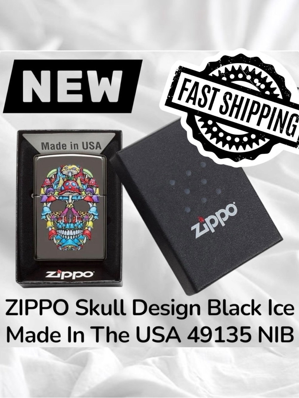 BRAND NEW ZIPPO Skull Design Black Ice Made In The USA 49135 NIB FAST SHIPPING